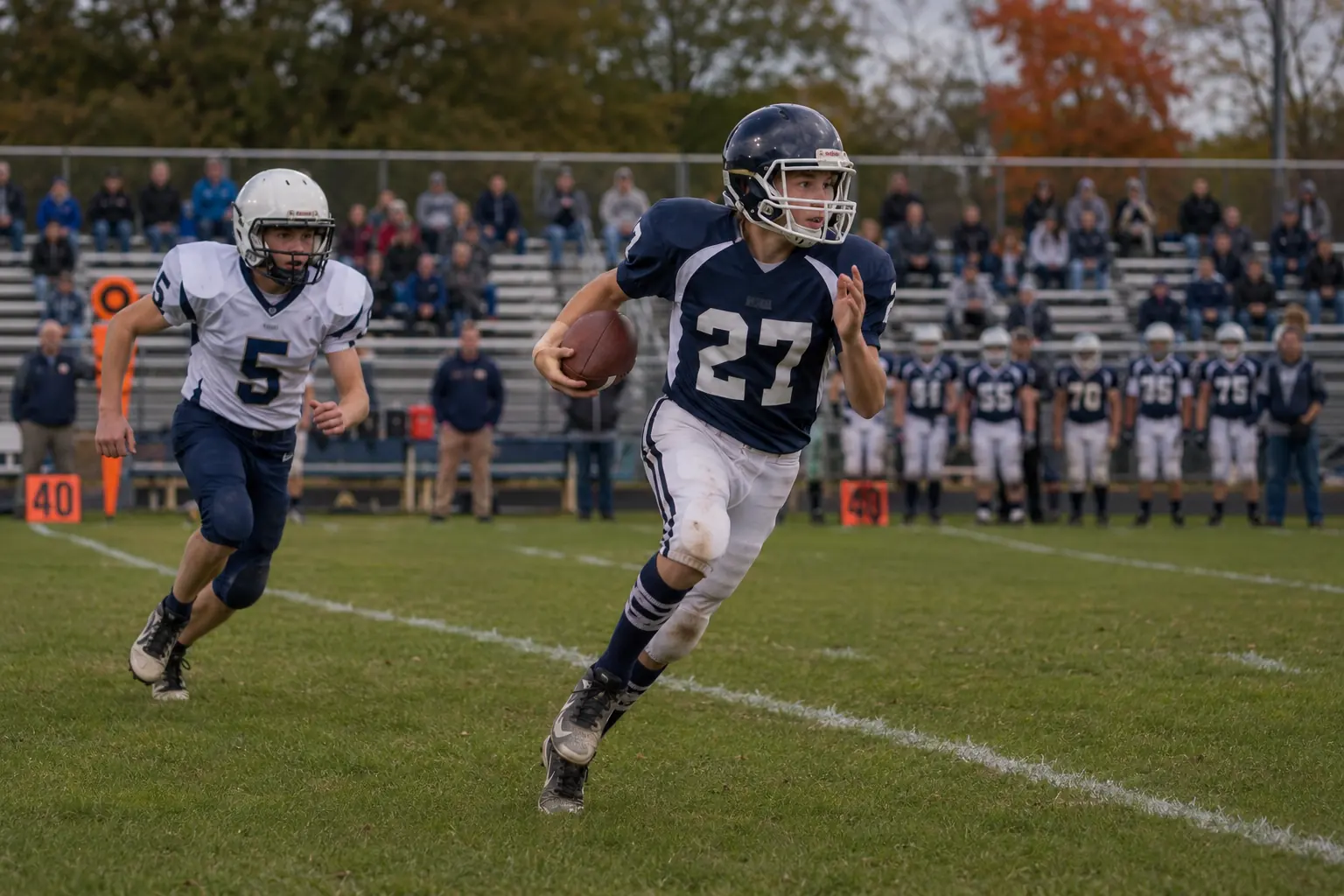 First carry, first first down. Illustrative photo of a middle school football player in a navy number 27 jersey, about thirteen years old, carrying the ball upfield on an autumn afternoon.